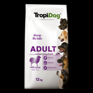 TropiDog, hrana uscata Premium Adult, pentru talie medie si mare, miel  orez, 12 kg