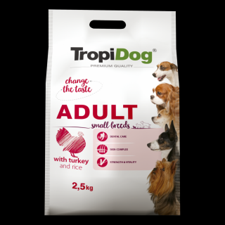 TropiDog, hrana uscata Premium Talie mica cu Curcan si orez,  2.5 kg