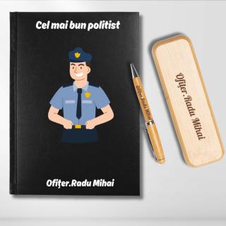 Cadou pentru politist- Agenda personalizata + set scris