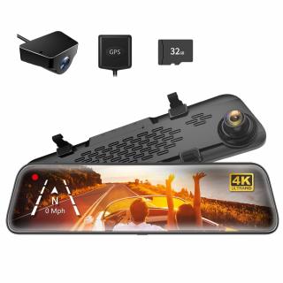 Camera auto tip oglinda, duala fata-spate Wolfbox G840S 2160P, Night Vision, 170°, ecran tactil 12”, GPS, G-Senzor, monitorizare parcare, Card 32GB inclus - Negru