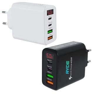 Incarcator rapid 45W cu afisaj LED, 2x USB-C, 2x USB-A, pentru telefon, tableta, GPS, Negru / Alb - Negru