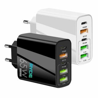 Incarcator rapid 65W 2x USB-C, 3x USB-A, pentru telefon, tableta, GPS, Alb /  Negru - Negru