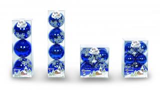 Set 4 globuri 70mm albastre cu decor glitter argintiu