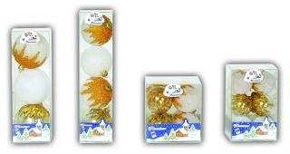 Set 8 globuri 60mm cristal cu decor bumbac alb, galben-orange si glitter auriu