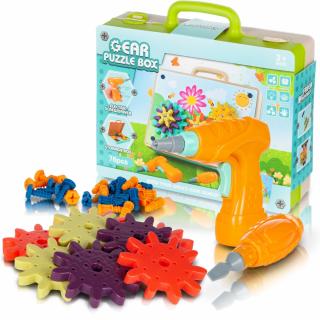 Jucarie educativa puzzle creativ Gear DYI cu valiza si surubelnita