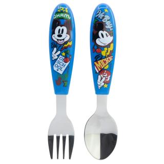 Set 2 tacamuri ergonomice, furculita si lingura pentru copii Mickey True Champions 9.4 cm