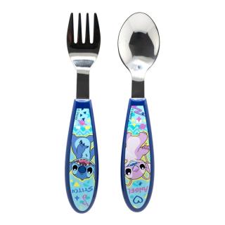 Set 2 tacamuri ergonomice, furculita si lingura pentru copii Stitch Angel 9.4 cm