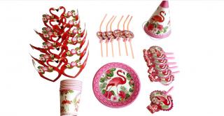 Set 36 accesorii pentru petrecerea copiilor, 6 piese, tematica Flamingo