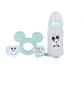 Set biberon cu tetina 240 ml, inel dentitie, suzeta ortodontica si suport pentru suzeta, fara BPA, Mickey Mouse