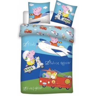 Set lenjerie de pat pentru copii, Peppa Pig Cars, Husa pilota 100x135 cm, Husa perna 40x60 cm, Bumbac 100%