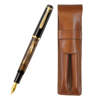 Set Pelikan Stilou Classic M200 Brown Marmorat + Etui Piele Brown Pt 2 Instrumente