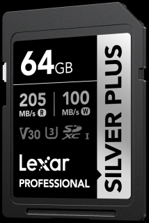 Lexar 64GB SDXC Professional SILVER Plus UHS-I U3 A2 4K R205 W100 (V30)