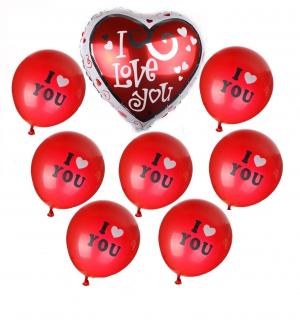 Buchet 7 Baloane Rosii + Balon Inima   I Love You