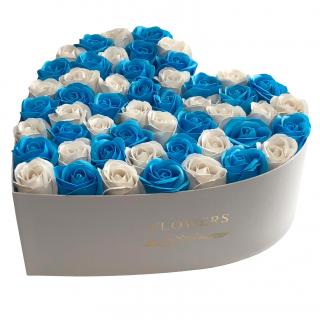 Trandafiri Bleu si Albi in Cutie in Forma de Inima, 30cm - Colorissima