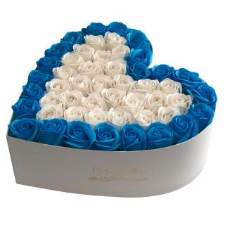 Trandafiri Cu Margine Bleu si Alb in Interior in Cutie in Forma de Inima, 30cm