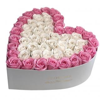 Trandafiri Cu Margine Roz si Alb in Interior in Cutie in Forma de Inima, 30cm