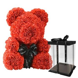 Ursulet Din Trandafiri, Rosu, 40cm + Cutie Cadou