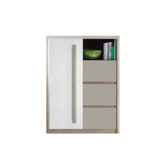 Comoda ROMA 8, cu usa si 3 sertare, corp PAL stejar sonoma, fronturi MDF gri mat + alb lucios, 90x43x117 cm