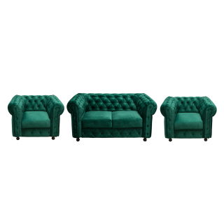 Set CHESTERFIELD 2-1-1, canapea fixa 2 locuri si 2 fotolii fixe, verde