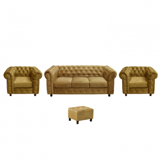 Set CHESTERFIELD 3-1-1, canapea  extensibila 3 locuri si 2 fotolii fixe, galben + 1 Taburet Cadou
