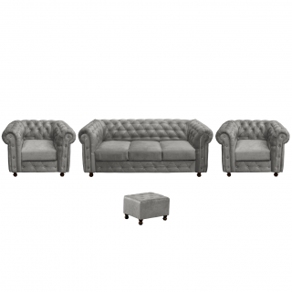 Set CHESTERFIELD 3-1-1, canapea extensibila 3 locuri si 2 fotolii fixe, gri deschis + 1 Taburet Cadou