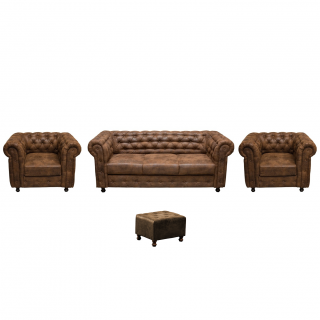 Set CHESTERFIELD 3-1-1, canapea extensibila 3 locuri si 2 fotolii fixe, maro - 1 Taburet Cadou