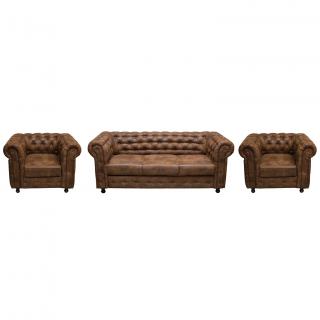 Set CHESTERFIELD 3-1-1, canapea  extensibila 3 locuri si 2 fotolii fixe,maro