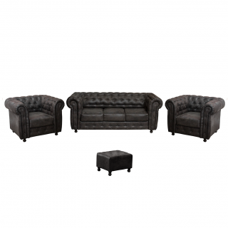 Set CHESTERFIELD 3-1-1, canapea  extensibila 3 locuri si 2 fotolii fixe, negru + 1 Taburet Cadou