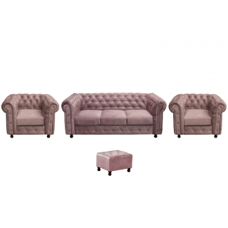 Set CHESTERFIELD 3-1-1, canapea extensibila 3 locuri si 2 fotolii fixe, roz prafuit + 1 Taburet Cadou
