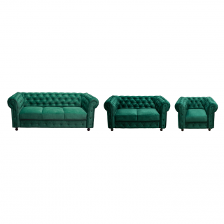 Set CHESTERFIELD 3-2-1, canapea fixa 3 locuri, canapea fixa 2 locuri si 1 fotoliu fix, verde