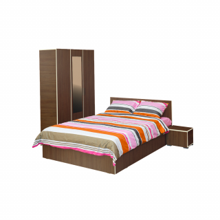 Set dormitor CORINNE, 4 piese, pat 140x200 cm, dulap 3 usi, 2 noptiere, nuc, cant vanilie