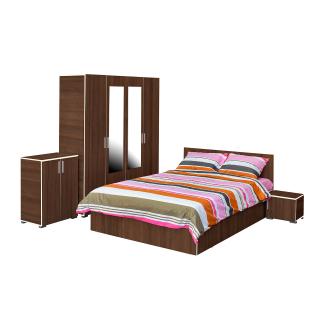 Set dormitor CORINNE, 5 piese, pat 140x200 cm, dulap 4 usi, 2 noptiere, comoda, nuc, cant vanilie