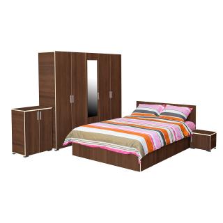 Set dormitor CORINNE, 5 piese, pat 140x200 cm, dulap 5 usi, 2 noptiere, comoda, nuc, cant vanilie