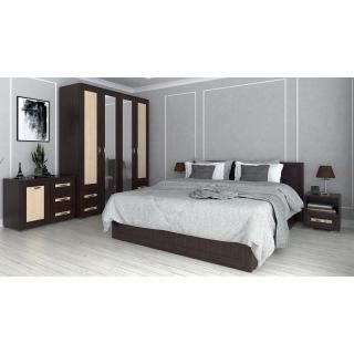 Set dormitor PALERMO, 5 piese, pat 160x200 cm, dulap 4 usi, comoda, 2 noptiere, corp PAL wenge, fronturi crem cu bagheta MDF wenge