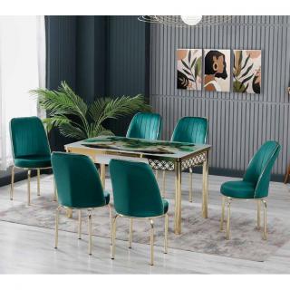 Set LION GOLD, masa extensibila cu 6 scaune, dreptunghiulara, alb print verde + auriu + verde, 130 170x80x75 cm