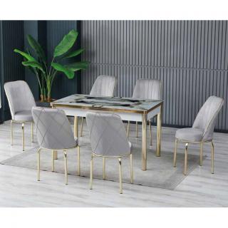 Set LION GOLD, masa extensibila cu 6 scaune, dreptunghiulara, marmura + auriu + gri, 130 170x80x75 cm