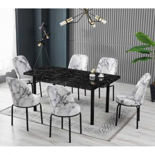 Set LION WOOD, masa extensibila cu 6 scaune, dreptunghiulara, marmura negru + alb, 130 170x80x75 cm