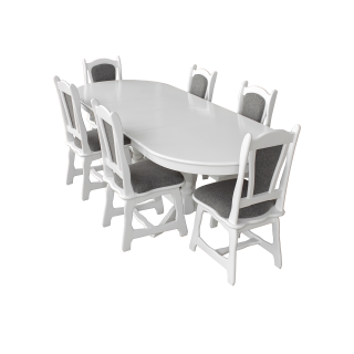 Set masa extensibila EUROPA ovala cu 6 scaune IZA stofa gri, lemn masiv, alb, 160 240x90x70 cm