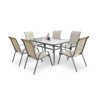 Set MOSLER, masa de gradina cu 6 scaune, gri inchis + bej, 150x90x72 cm