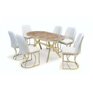 Set TIMARA, masa cu 6 scaune, ovala, 6 persoane, marmura + auriu + crem, 160x80 cm