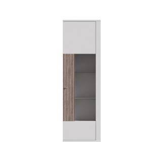 Vitrina stanga AMBRA, cu usa de sticla, 5 rafturi, alb + stejar Rovere, 64x42x205 cm