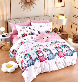 Lenjerie de pat,6 Piese, Bumbac finet,Alb Roz,Unicorni Colorati-FJ202