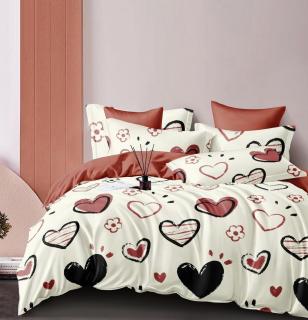 Lenjerie de pat,6 Piese, Bumbac finet Crem cu Inimioare-FJ152