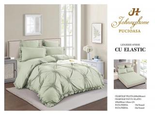 Lenjerie de pat cu Inimioare Brodate,Pat dublu,cu Elastic,Verde pudra-CP6