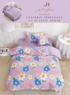 Lenjerie de pat Finet 1 Persoana cu Elastic,Lila cu flori colorate -YE79