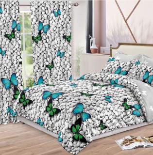 Lenjerie de pat Finet, 6 piese+ 2 Draperii CADOU,Fluturi-FD17