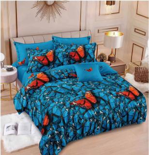 Lenjerie de pat Finet Pucioasa 6 piese,Albastru cu Fluture Rosu-R589
