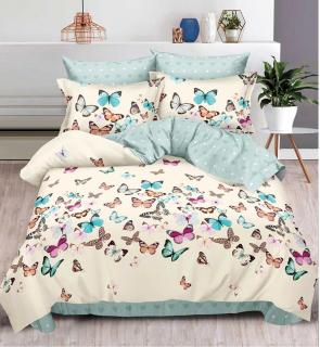 Lenjerie de pat Finet Pucioasa 6 piese,Crem Bleu cu Fluturi colorati-R226