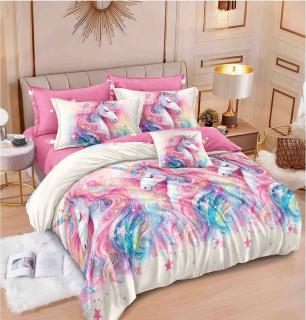 Lenjerie de pat Finet Pucioasa 6 piese,Roz cu UNICORN colorat-R584