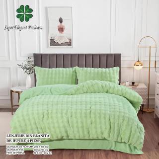 Lenjerie pat dublu, Extra Pufoasa,din Blanita artificiala de Iepure, 4 piese,Verde-BV11